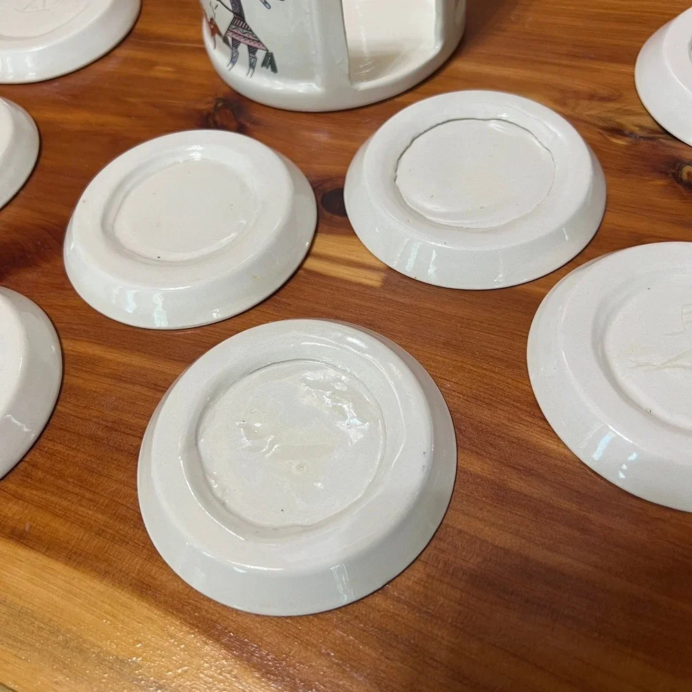 Vtg‎ Signed Handcrafted Southwestern Pottery Coaster Set 8 Pieces Matching Crock